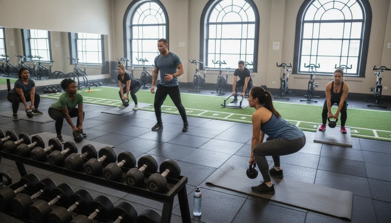 Group fitness class training in a functional New York City gym