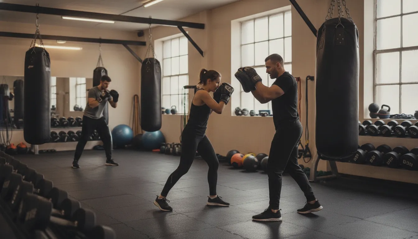 Beginner boxing fitness class training in a Brooklyn gym