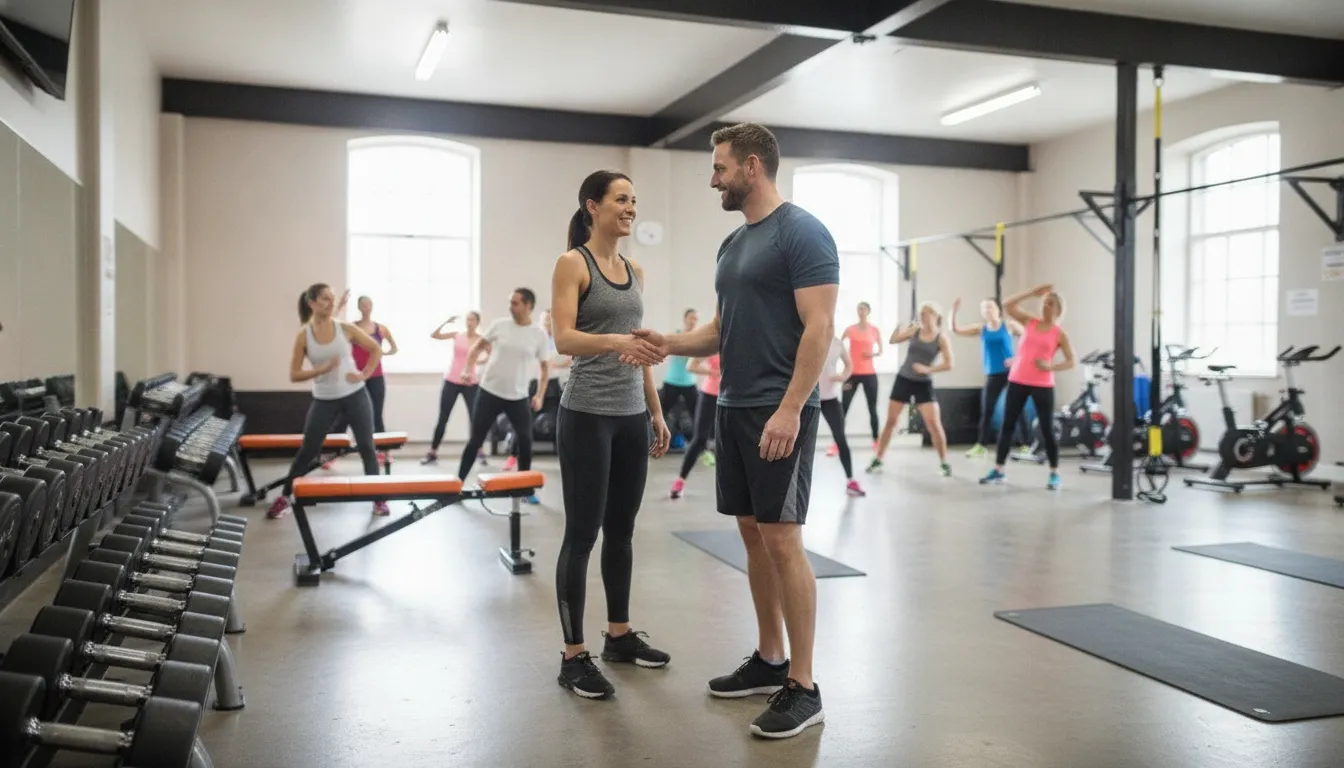 Instructor welcoming a first-time participant to a group fitness class